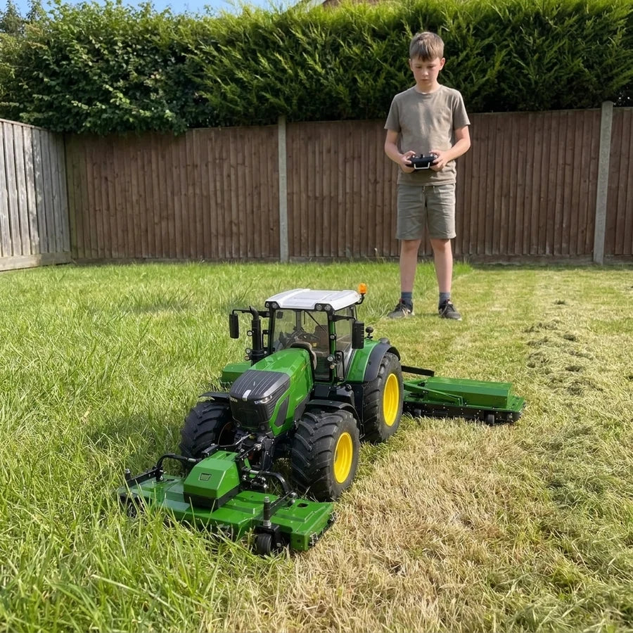 Remote control mower cutting a lawn